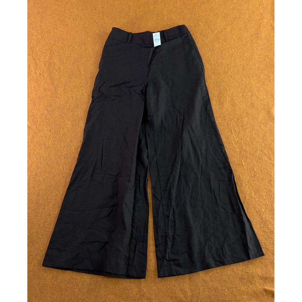 Ann Taylor Womens 4P Black Linen Blend Wide Leg Petite Trousers NWT